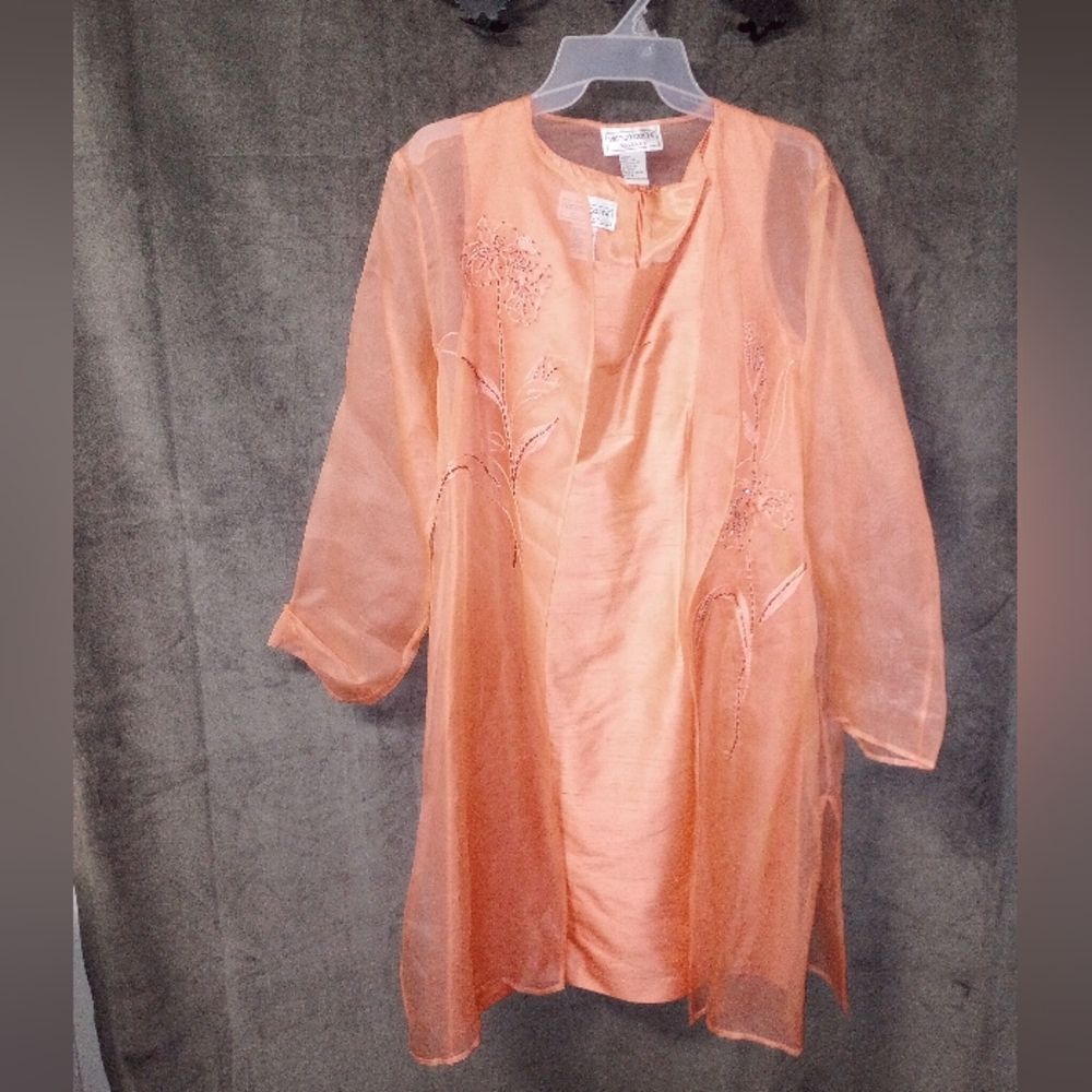 Vintage Victor Casta Silk 2 Piece Dress & Sheer Beaded Embroidered Duster Size M